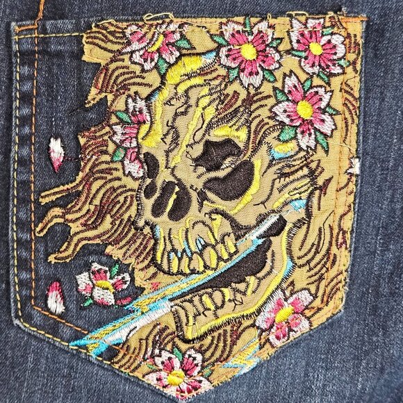 Ed Hardy By Christian Audigier Womens Denim Skull Floral Y2K Grunge Indie 37/38 - Picture 1 of 16